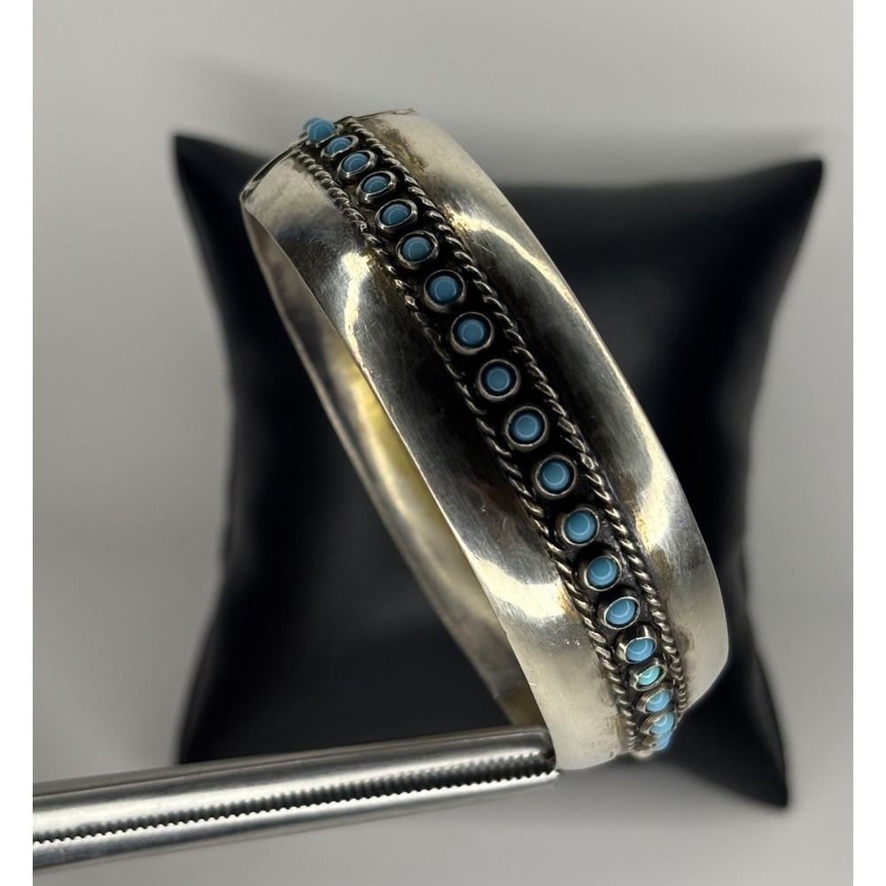 Vintage Taxco Mexico 900 Silver Turquoise Hinged Bangle Bracelet 20mm Wide - Picture 5 of 9